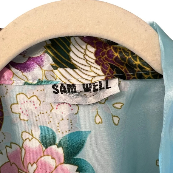 Vintage Sam Well Japanese Satin Floral Crane Kimono Robe Blue Pink One Size - Picture 3 of 4